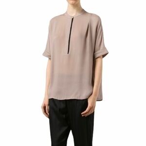 Vince Taupe Nude‎ 100% Silk Band Collar Contrast-Trim Half-Sleeve Blouse